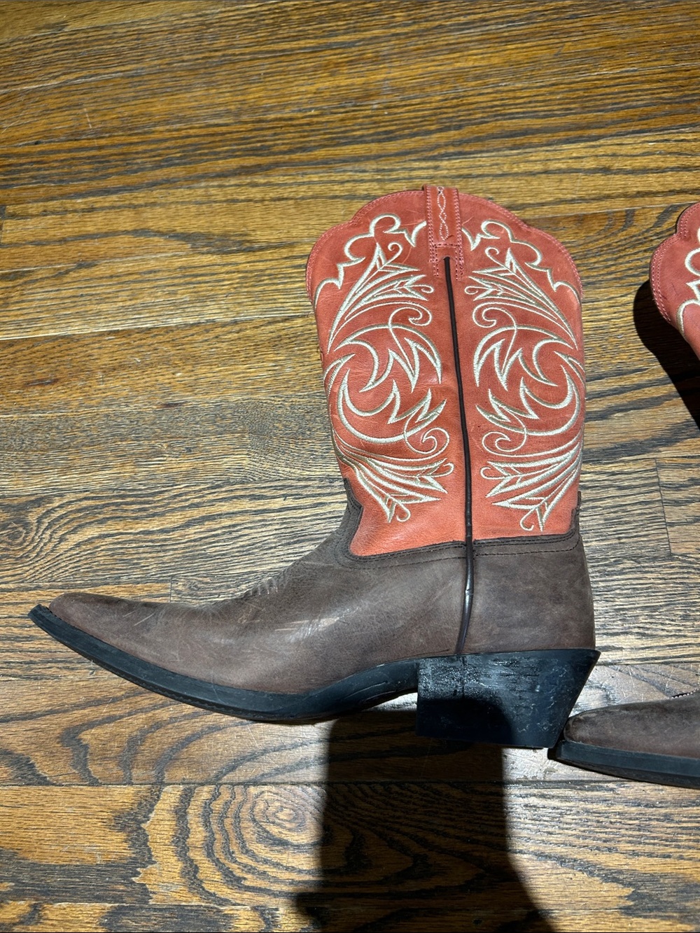 Ariat Brown Foot with Red Embroidered Shaft Western Heeled Boots - Picture 4 of 12
